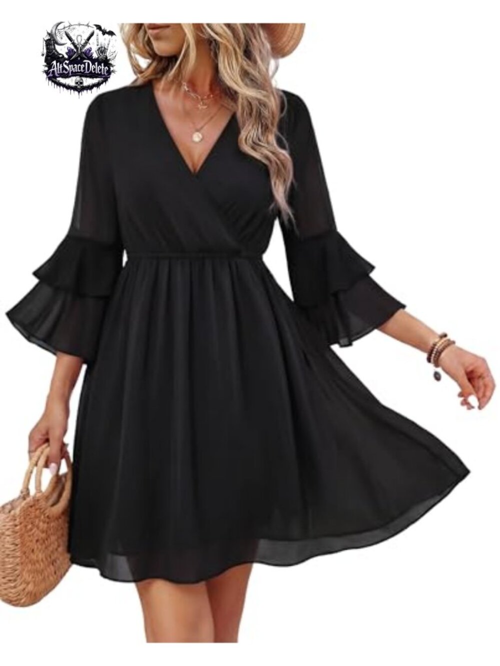 Bebonnie Womens 3/4 Ruffle Sleeve V Neck Flowy Chiffon Layers Dress